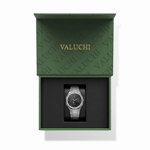 Miesten hopeinen Valuchi Watches -kello teräshihnalla Lunar Calendar - Silver Black Automatic 40MM