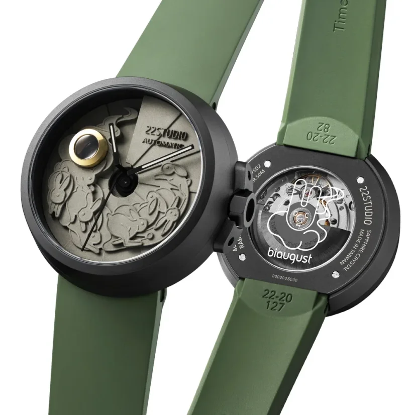 Relógio 22Designstudio Watches homem preto com bracelete de borracha Rabbit Moss green 45MM Automatic