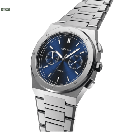 Miesten hopeinen Valuchi Watches -kello teräshihnalla Chronograph - Silver Blue 40MM