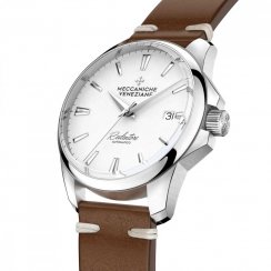 Relógio Meccaniche Veneziane masculino prateado com pulseira de couro genuíno Redentore 1301001
