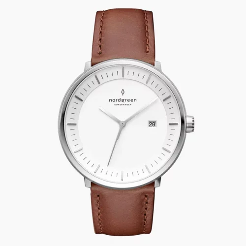 Men's silver Nordgreen watch with leather strap Philosopher Brown Leather / Silver 36MM