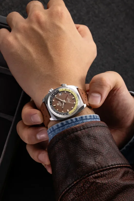 Men's silver Nivada Grenchen watch with leather strap Antarctic GMT - Tropical 32061A17 36MM Automatic