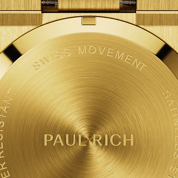 Zlaté pánské hodinky Paul Rich s ocelovým páskem Frosted Star Dust II - Gold / Red 43MM