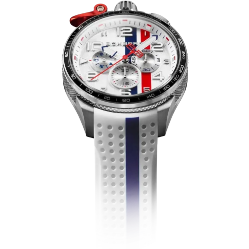 Silberne Herrenuhr Bomberg Watches mit Gummiband Racing 3.8 White / Blue 45MM
