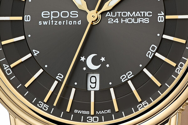Zlaté pánské hodinky Epos s koženým páskem Emotion 24H 3390.302.22.14.25 41MM Automatic