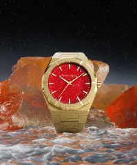 Relógio Paul Rich ouro para homens com pulseira de aço Frosted Star Dust II - Gold / Red 43MM
