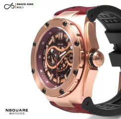 Zlaté pánske hodinky Nsquare s koženým opaskom SnakeQueen Gold 46MM Automatic