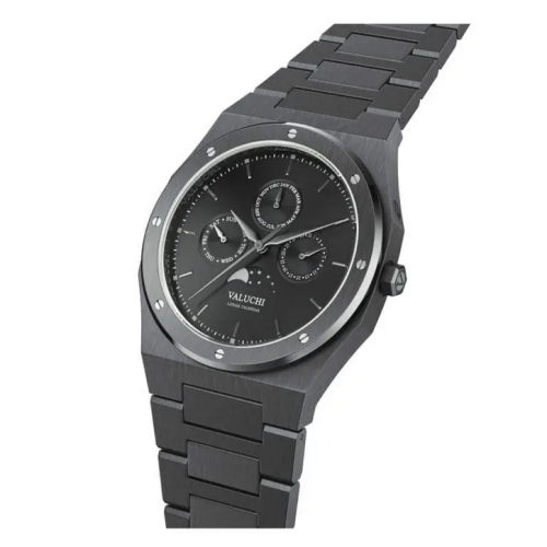 Czarny zegarek męski Valuchi Watches ze stalowym paskiem Lunar Calendar - Gunmetal Black Automatic 40MM