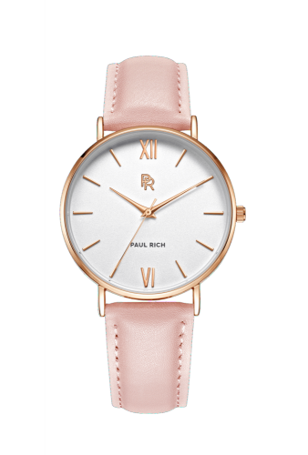 Reloj dorado para mujer Paul Rich con correa de cuero genuino - Pink Leather