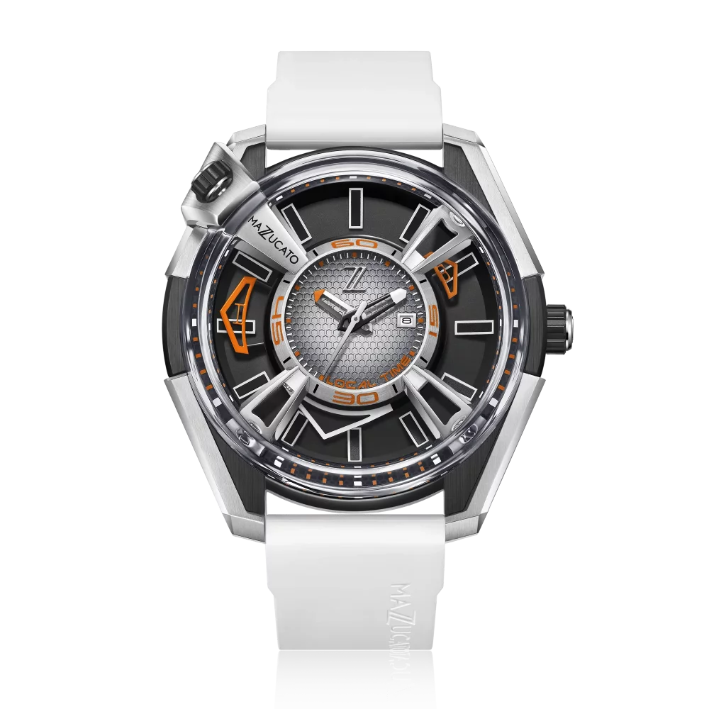 Men s Mazzucato silver watch with rubber strap LAX Dual Time White 48MM Automatic