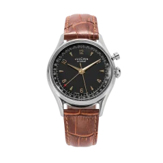 Men's silver Vulcain watch with leather strap Cricket Tradition Brown Calf Skin Leather Alligator - Printed Steel Case Back - Black & Gold 39MM Automatic