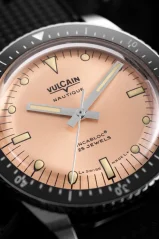 Montre Vulcain pour hommes en argent avec bracelet en caoutchouc Skindiver Nautique - Salmon Beige Luminova - Rubber 44,5MM Automatic