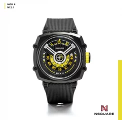 Montre Nsquare pour hommes en noir avec bracelet en caoutchouc NSQUARE NICK II Black / Yellow 45MM Automatic