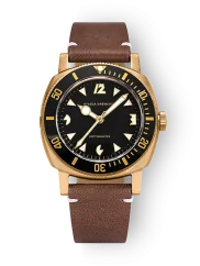 Men's gold Nivada Grenchen watch with leather strap Pacman Depthmaster Bronze 14123A14 Brown Leather White 39MM Automatic