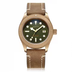 Złoty zegarek męski Aquatico Watches ze skórzanym paskiem Bronze Sea Star Green Bronze Bezel Automatic 42MM