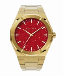 Zlaté pánské hodinky Paul Rich s ocelovým páskem Star Dust II - Gold / Red 43MM