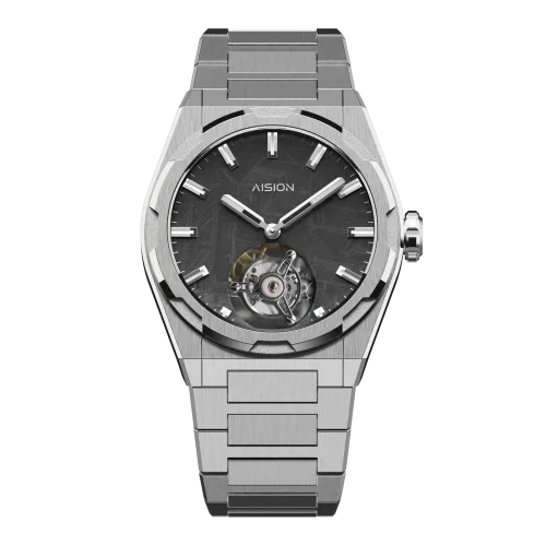 Men's silver Aisiondesign Watch with steel strap Tourbillon - Meteorite Dial Gunmetal 41MM
