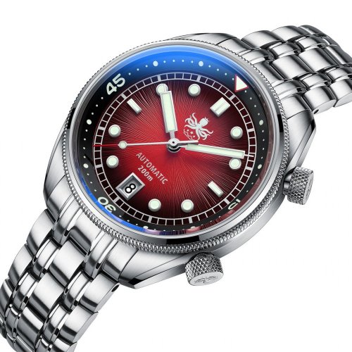 Strieborné pánske hodinky Phoibos Watches s oceľovým pásikom Eagle Ray 200M - PY039E Sunray Red Automatic 41MM