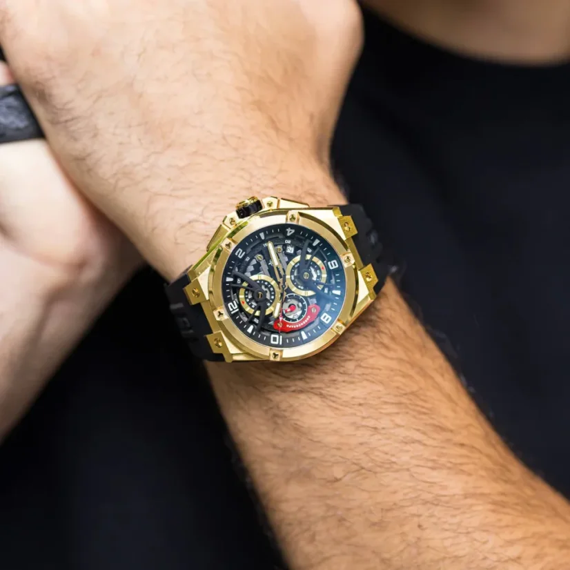 Zlaté pánské hodinky Ralph Christian s gumovým páskem The Apex Chrono - Luxe Black 46MM