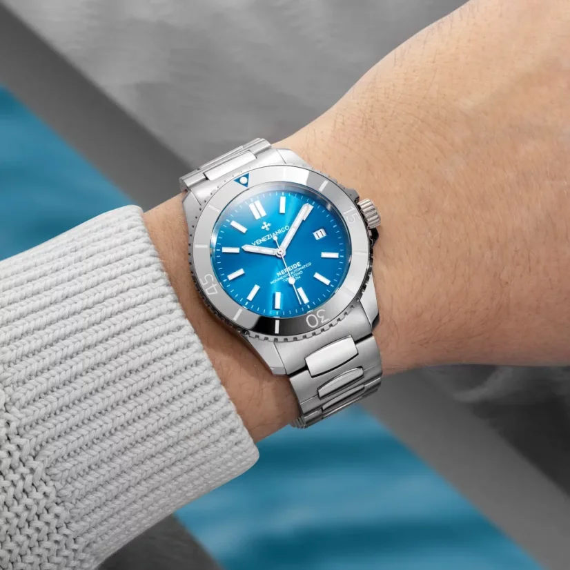 Stříbrné pánské hodinky Venezianico s ocelovým páskem Nereide Tungsteno 4521501C Blue 42MM Automatic