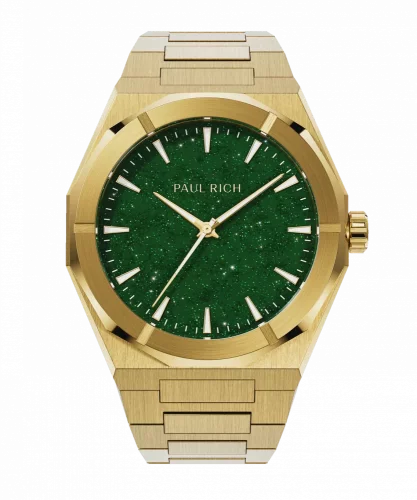Zlaté pánske hodinky Paul Rich s oceľovým pásikom Star Dust II - Gold / Green 43MM
