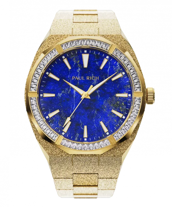 Men s gold Paul Rich watch with steel strap Frosted Star Dust Lapis Nebula Gold 45MM