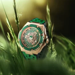 Złoty męski zegarek Nsquare ze gumowym paskiem FIVE ELEMENTS Gold / Green 46MM Automatic