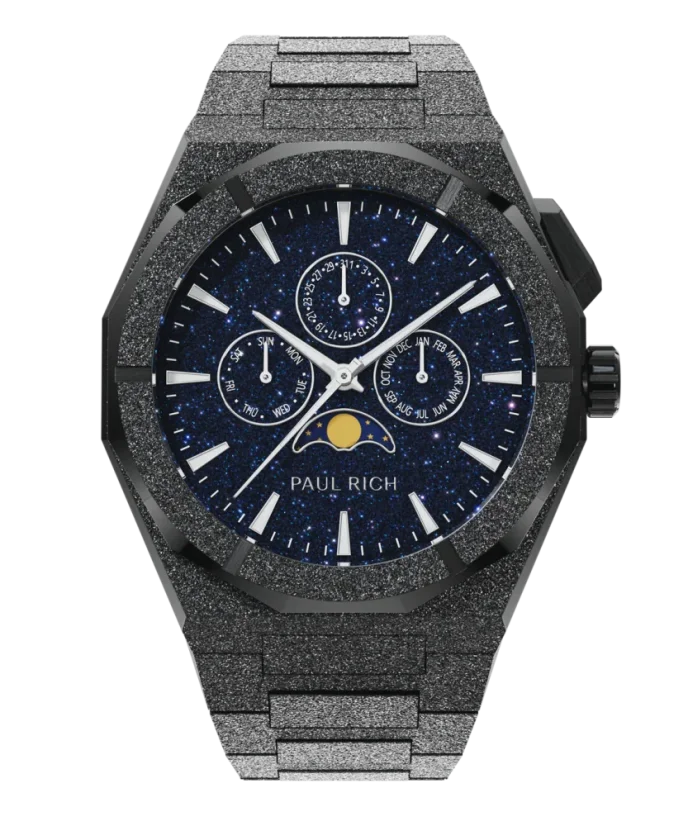 Čierne pánske hodinky Paul Rich s oceľovým pásikom Frosted Star Dust II Moonphase - Black 43MM