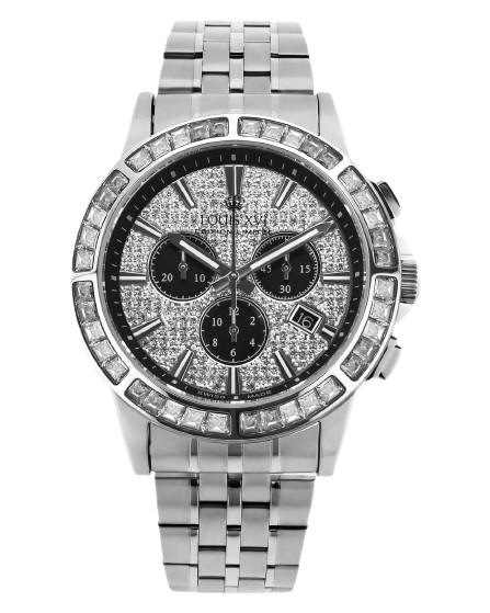 Stříbrné pánské hodinky Louis XVI s ocelovým páskem Majesté Iced Out Baguette 1131 - Silver 43MM