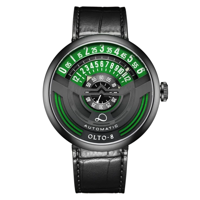 Černé pánské hodinky OLTO-8 s kožený páskem INFINITY-I RPM-Style Black / Green 46MM Automatic