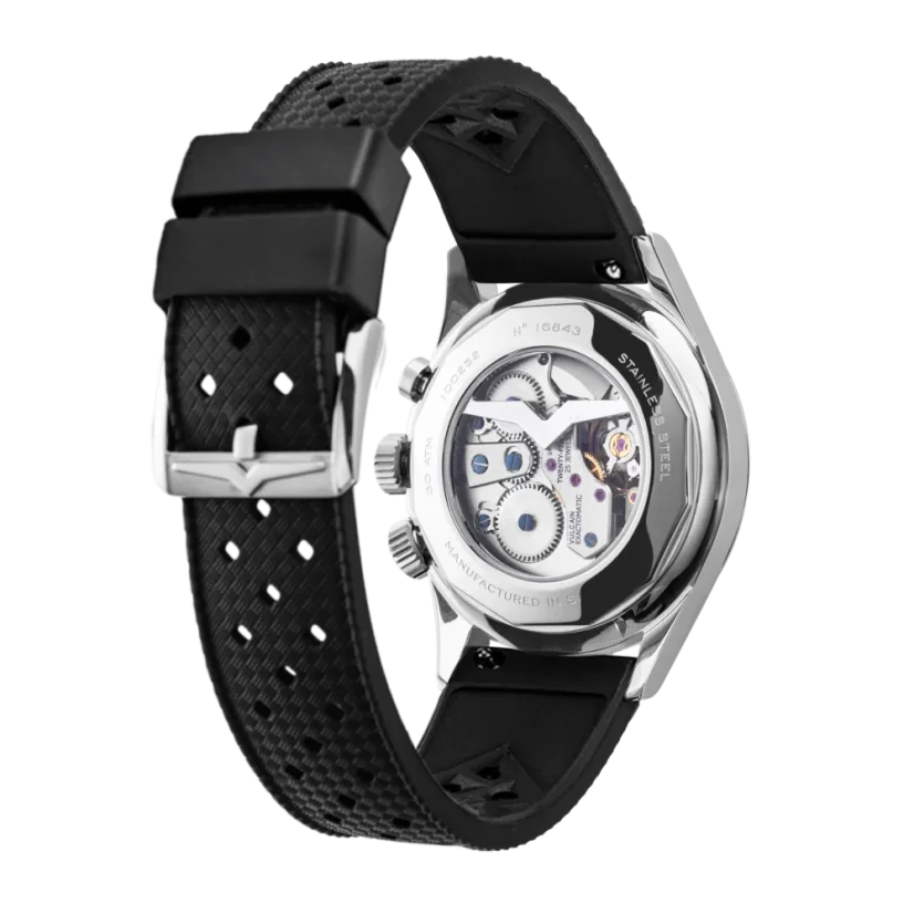 Men's silver Vulcain watch with leather strap Nautical Heritage Black White Luminova Steel Triple Caseback - Brown Plain 42MM Automatic