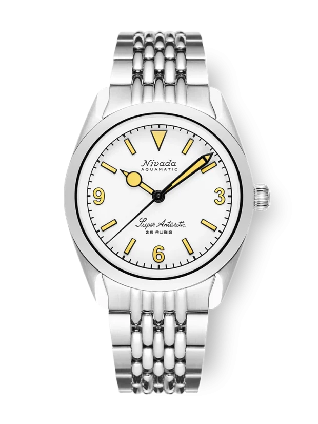 Stříbrné pánské hodinky Nivada Grenchen s ocelovým páskem Super Antarctic White 3.6.9 Cream 32066A04 38MM Automatic