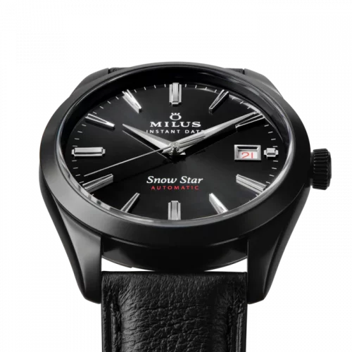 Černé pánské hodinky Milus s koženým páskem Snow Star Dark Matter 39MM Automatic