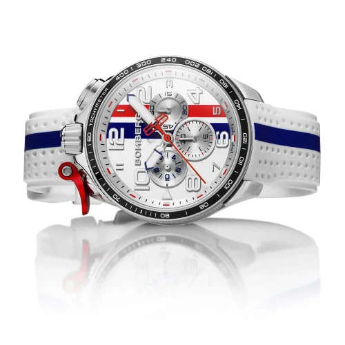 Montre Bomberg Watches pour homme de couleur argent avec bracelet en caoutchouc Racing 3.8 White / Blue 45MM