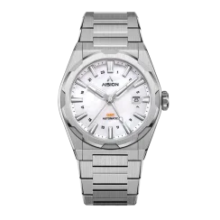 Strieborné pánske hodinky Aisiondesign Watches s ocelovým pásikom HANG GMT - White MOP 41MM Automatic