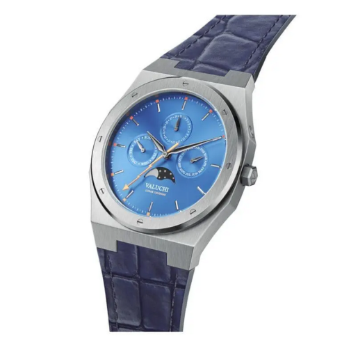 Silberne Herrenuhr Valuchi Watches mit Ledergürtel Lunar Calendar - Silver Blue Leather 40MM