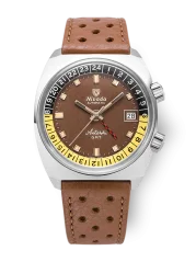 Men's silver Nivada Grenchen watch with leather strap Antarctic GMT - Tropical 32061A23 36MM Automatic