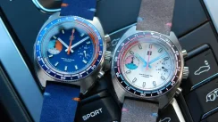 Stříbrné pánské hodinky Straton Watches s koženým páskem Yacht Racer Red / Blue 42MM