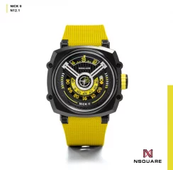 Černé pánské hodinky Nsquare s gumovým páskem NSQUARE NICK II Black / Yellow 45MM Automatic