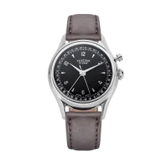 Men's silver Vulcain watch with leather strap Cricket Tradition Grey Steel Case Back - Black 39MM Automatic
