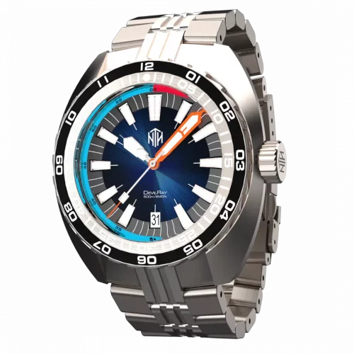 Miesten hopeinen NTH Watches -kello teräshihnalla DevilRay With Date - Silver / Blue Automatic 43MM