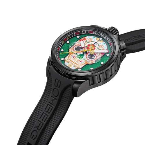 Černé pánské hodinky Bomberg s gumovým páskem SUGAR SKULL GREEN 45MM