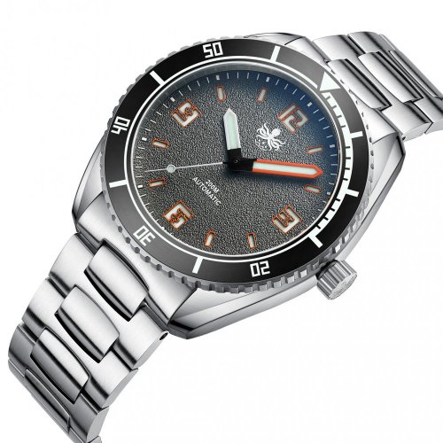 Męski srebrny zegarek Phoibos Watches ze stalowym paskiem Reef Master 200M - Fossil Gray Automatic 42MM