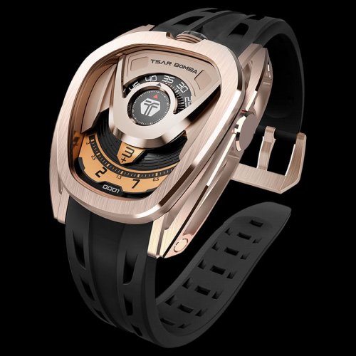 Zlaté pánské hodinky Tsar Bomba Watch s gumovým páskem TB8213 - Gold / Black Automatic 44MM