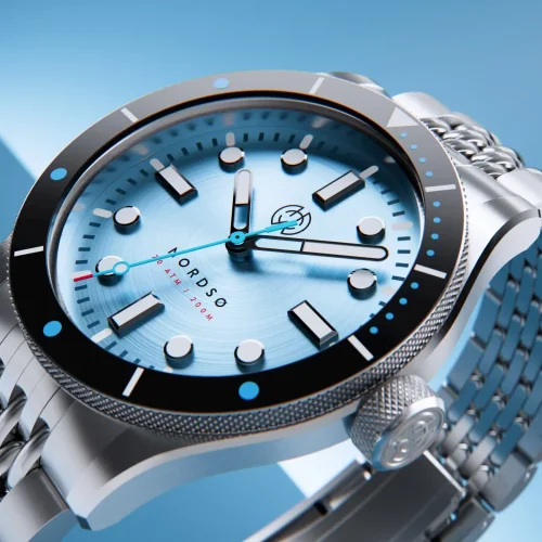 Stříbrné pánské hodinky Henryarcher Watches s ocelovým páskem Nordsø - Glacier Cyan Moon Gray 40MM Automatic