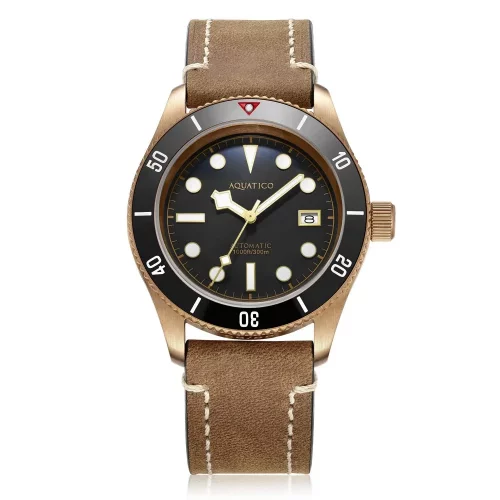 Χρυσό ρολόι Aquatico Watches για άντρες με δερμάτινη ζώνη Bronze Sea Star Black Ceramic Bezel Automatic 42MM