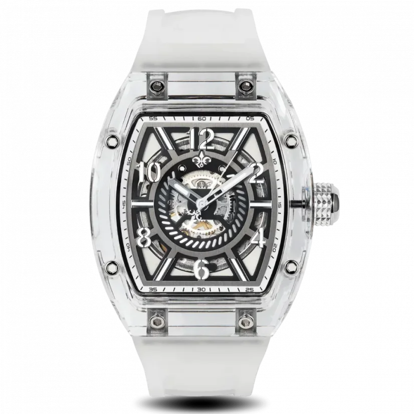 Stříbrné pánské hodinky Ralph Christian s gumovým páskem The Ghost - Transparent White Automatic 43MM
