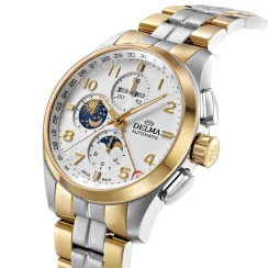 Męski srebrny zegarek Delma Watches ze stalowym paskiem Klondike Moonphase Silver / Gold 44MM Automatic