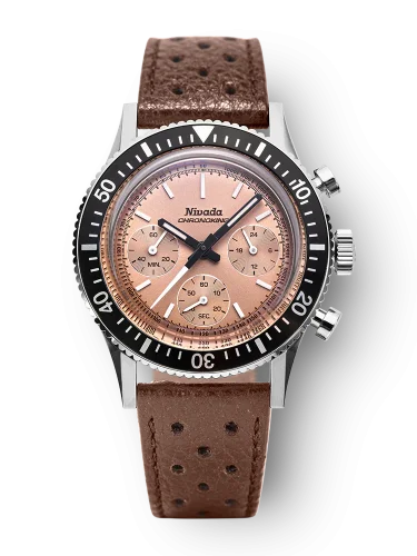 Zilveren herenhorloge van Nivada Grenchen met leren riem Chronoking Mecaquartz Salamon Brown Racing Leather 87043Q23 38MM