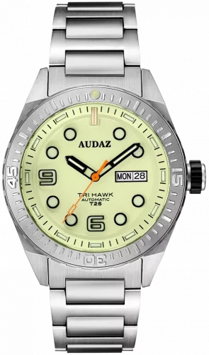 Miesten hopeinen Audaz Watches -kello teräshihnalla Tri Hawk ADZ-4010-03 - Automatic 43MM
